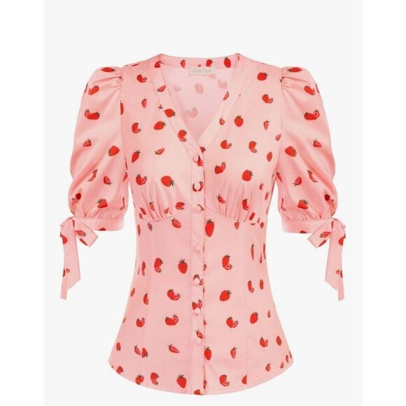 Strawberry Vintage Style Puff Sleeve Blouse Belle Poque V Neck Puff Sleeve - Picture 2 of 12